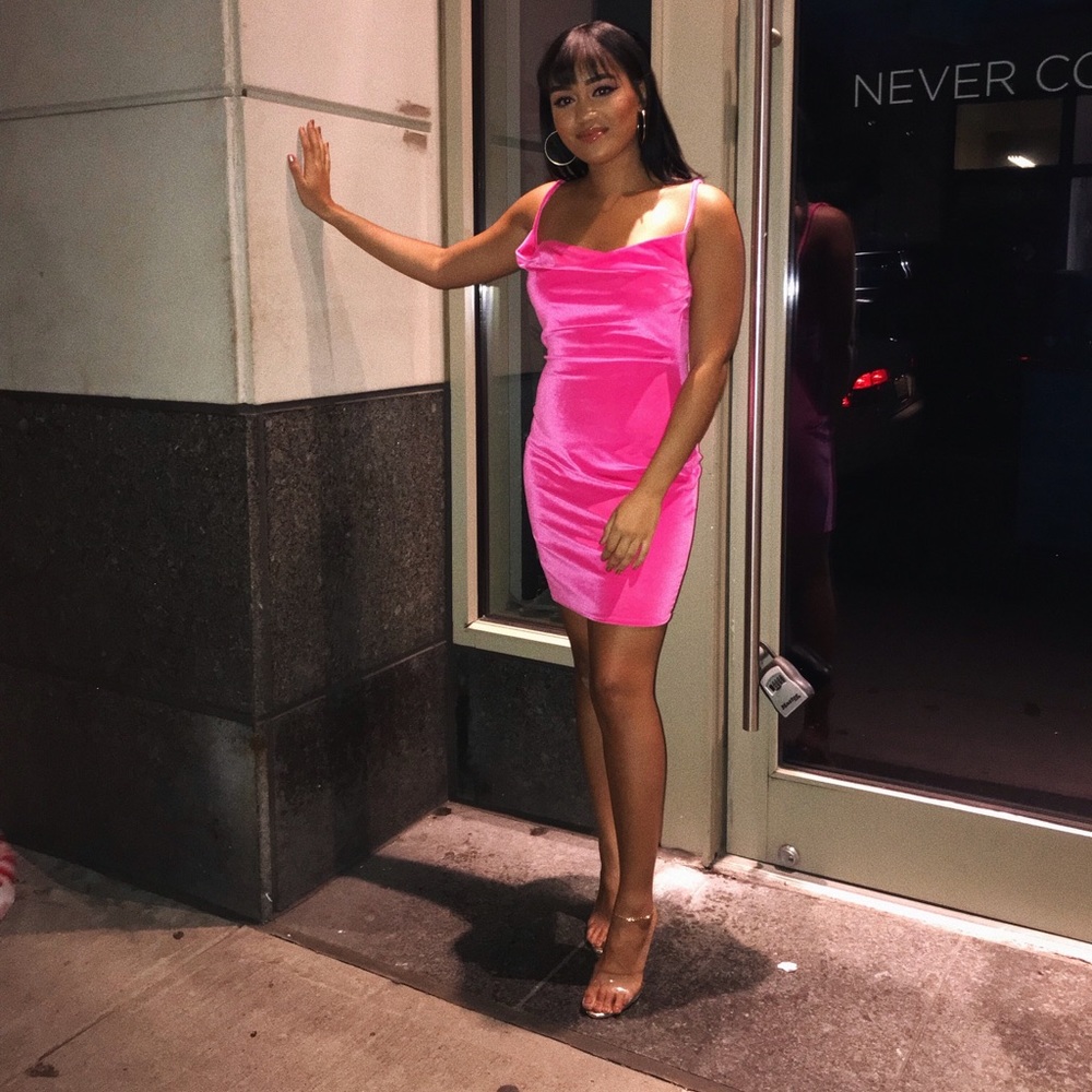 Neon pink cowl neck dress